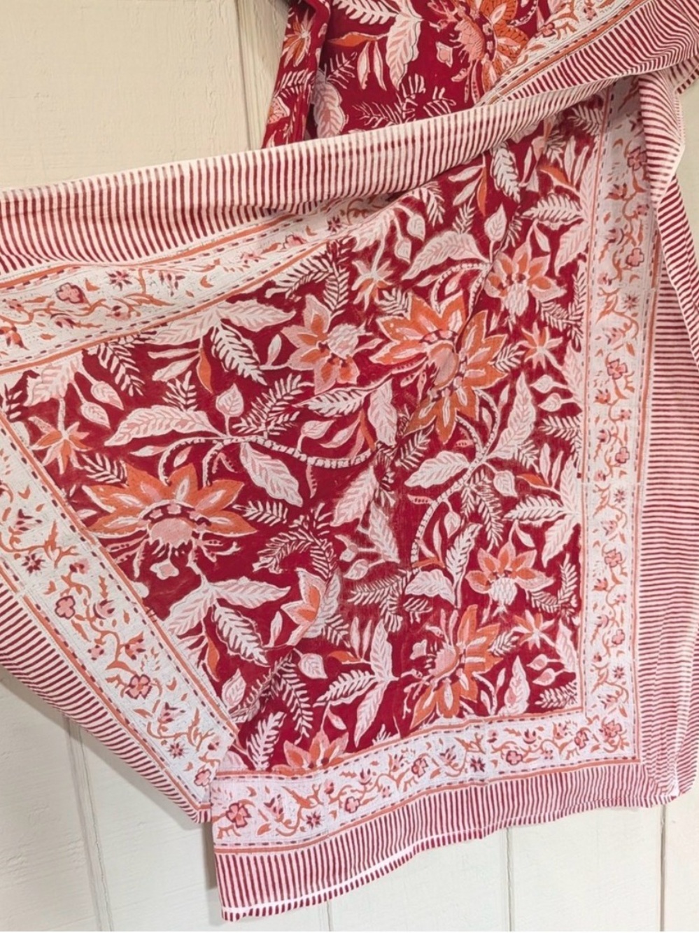 Julia Amory Red Floral Block Print Pareo Cotton Sarong Beach Wrap Scarf India - Picture 5 of 7